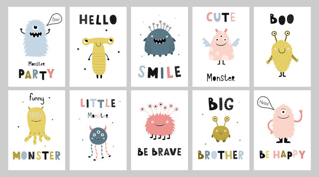 A big set of posters with cute cartoon monsters. Funny characters with hand-drawn inscriptions. Vector illustration for the design of a children's room, nursery clothing, T-shirt print