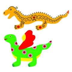 Two multicolored dragons, a dragon with wings and a dragon with a crest on its back