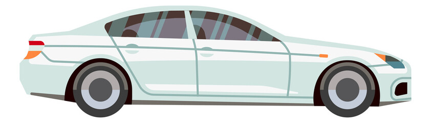 White sedan. Side view car icon in cartoon style - obrazy, fototapety, plakaty