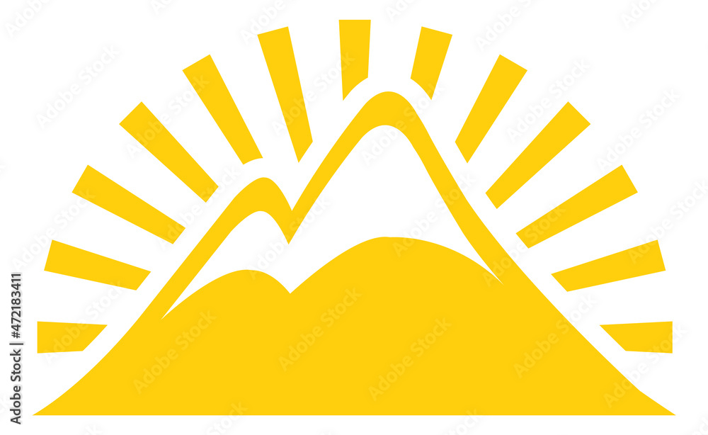 Sticker sunshine in mountain peaks. logo in vintage style