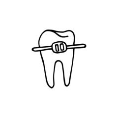 Tooth in bracket. Hand-drawn doodle isolate. Black and white vector illustration.