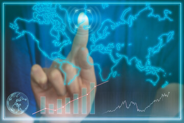 Businesswoman hand touching world map and bar graph. World wide map hologram on virtual screen. Global business and telecommunication technology concept.