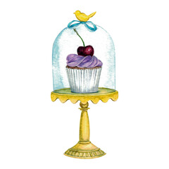 Cupcake with cherries on a stand. Watercolor illustration. Dessert. Cafe. Postcard. Menu. Holiday. Beautiful. Bakery products. Meal. Happy birthday. Art. Design.