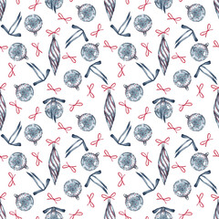 Christmas festival seamless pattern with modern ornament. Red-grey baubles with ribbons. Winter holiday decor. Watercolor hand painted isolated element on white background.