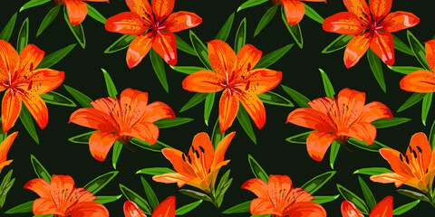 Fototapeta na wymiar Orange lilies bright beautiful seamless vector pattern