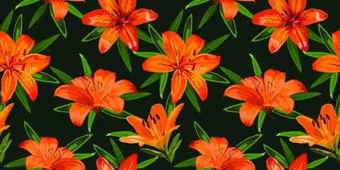 Tuinposter Orange lilies bright beautiful seamless vector pattern © Olha