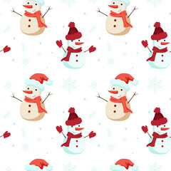 Seamless winter pattern of cute snowmen in Santa hats and snowflakes. Vector illustration for background, decor, fabrics and postcards