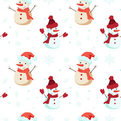 Seamless winter pattern of cute snowmen in Santa hats and snowflakes. Vector illustration for background, decor, fabrics and postcards