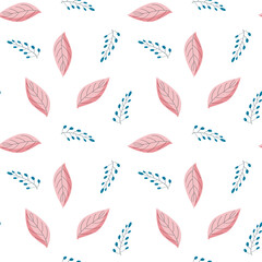 Seamless romantic pattern with pink leaves and twigs. Vector endless texture with floral elements on white background