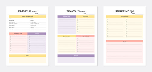 Travel planner template design. Printable travel planner design. 3 set of travel planner collections. Minimal travel planner template design.