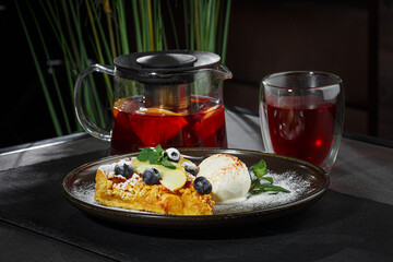 Apple pie with homemade vanilla ice cream, healthy dessert