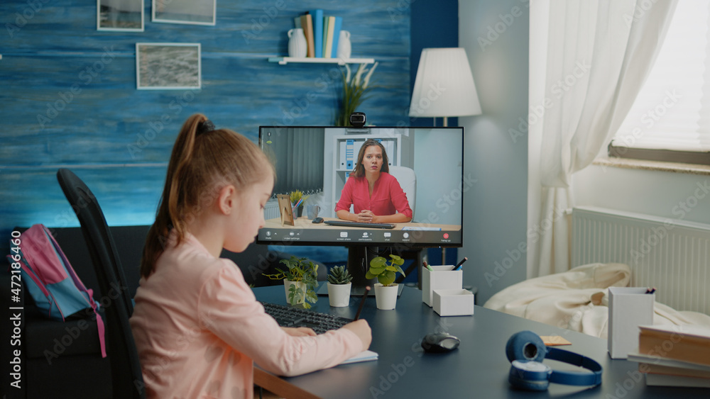 Poster schoolgirl and teacher using video call for remote lessons and courses on computer from home. little