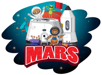Mars word logo design with astronaut kids and aliens
