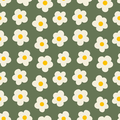 Floral daze ditsy daisy seamless repeat pattern. Retro, vector botany millefleurs all over surface print on sage green background.