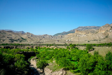 Beautiful landscape of the Caucasian mountains at sunset in Dagestan