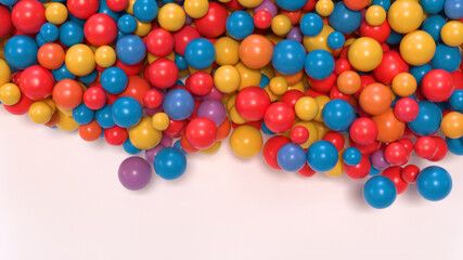 Half of the screen filled with glossy colorful balloons. 3D rendering.