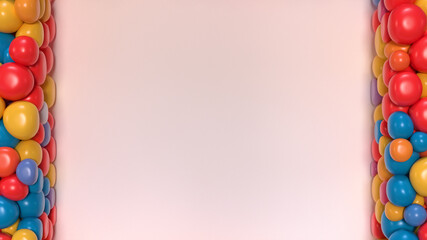 Half of the screen filled with glossy colorful balloons. 3D rendering.