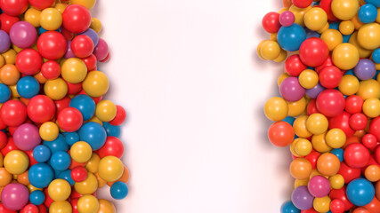 Half of the screen filled with glossy colorful balloons. 3D rendering.