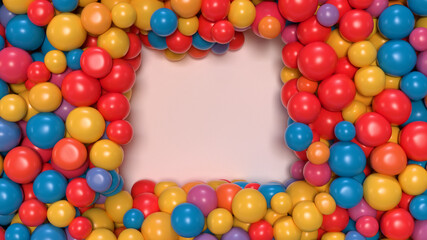 Rectangle surrounded with glossy colorful balloons. 3D rendering.