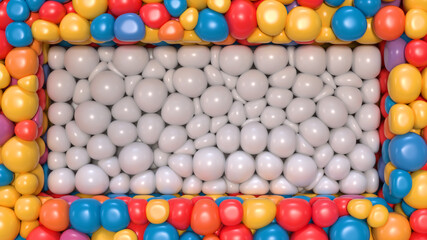 Rectangle surrounded with glossy colorful balloons. 3D rendering.