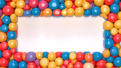 Rectangle surrounded with glossy colorful balloons. 3D rendering.