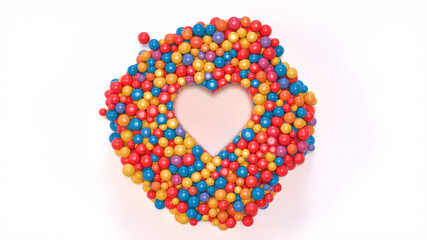 Heart shape surrounded with glossy colorful balloons. 3D rendering.