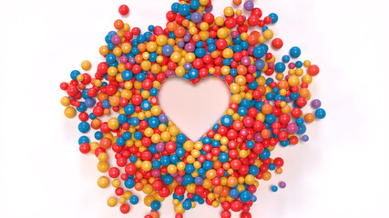 Heart shape surrounded with glossy colorful balloons. 3D rendering.