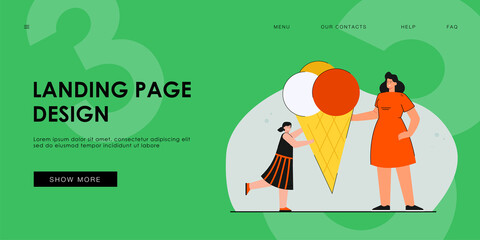 Woman giving ice cream to girl. Mother offering cone with colorful balls of ice cream to daughter. Child happy, tasty food. Dessert, tasty snack concept for banner, website design, landing web page