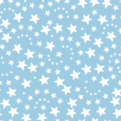 Stars. Seamless vector pattern. Isolated blue background. Flat style. Endless ornament of white stars. Delicate background. Idea for web design, packaging, wallpaper, covers, textiles, printing. 