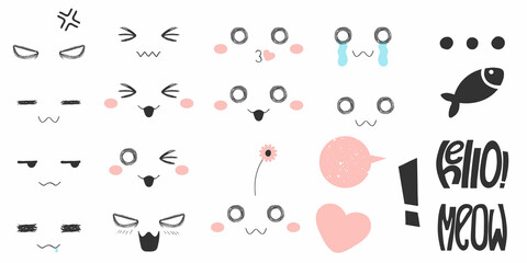 Kawaii cats various emotions: happy, love, kiss, angry, crying, confused and etc in anime or manga style. Hand drawn bundle  with funny kitten faces in cartoon flat design isolated on white background - obrazy, fototapety, plakaty