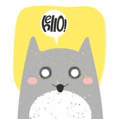 Cute smiling cat with anime emotion and speech babble saying hello. hand drawn vector illustration of kitty in flat cartoon design. Cute childish clip art with kitten. Isolated on white background.