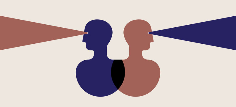 Opposing Views, Different Directions. Two Abstract Human Head With Reversed Thoughts And Opinions. Vector Illustration, EPS 10