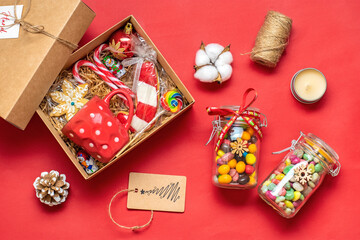 Handmade care package, seasonal gift box with candies, gingerbread, xmas decor Personalized eco friendly basket for family, friends, girl for thanksgiving, Christmas, mothers, fathers day Flat lay