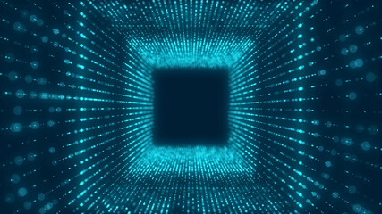 Obraz premium Cyber tunnel consisting of moving glowing points. Futuristic infinite space background. Concept of data transfer in cyberspace. Hi-tech illustration. 3d rendering.