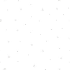Snow-white snowflakes are falling from the sky. Snowfall. Seamless vector pattern. Fluffy white balls and intricate snowflakes. An endlessly repeating ornament. Isolated colorless background. 