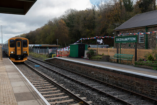 Okehampton, Devon, England, UK. 2021.  The Dartmoor Line passenger railway train at Okehampton Station, end of the line, recently reopened for visiting Dartmoor.
