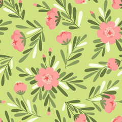 Seamless floral pattern for women fabric on a green background. Buds and flowers with sprigs of green leaves are scattered over the background. Flat vector illustration.