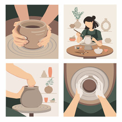 Set of illustrations for a pottery workshop. Vector illustration