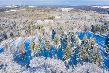 Bird's eye view of the snow-covered forests of the Taunus near Bad Schwalbach / Germany 