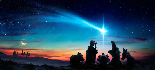 Nativity Of Jesus - Scene With Holy Family Under Comet Star - obrazy, fototapety, plakaty