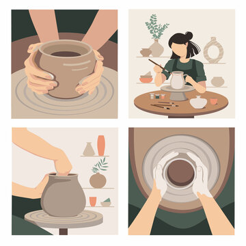 Set Of Illustrations For A Pottery Workshop. Vector Illustration