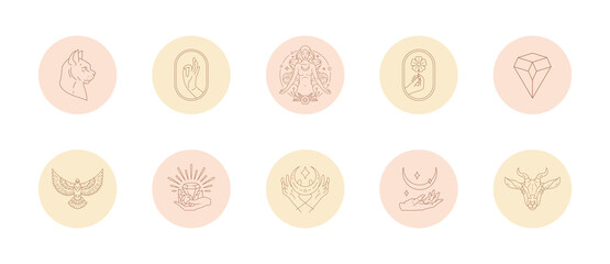 Set of icons and emblems for social media stories highlight covers in linear style vector illustration.