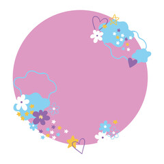 vector round flower frame, with pink background, hearts