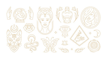 Magic woman boho vector illustrations of graceful feminine women and esoteric symbols set