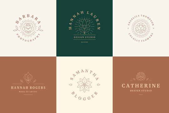 Flower logos emblems design templates set with botanical plants and rose vector illustrations minimal linear style.