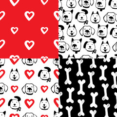 Vector set of 4 seamless patterns with smiling dog faces, bones and hearts - 472191814