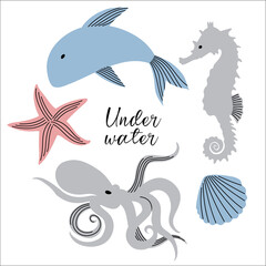 Vector collection of sea inhabitants fish, octopus, starfish, seahorse and shellfish