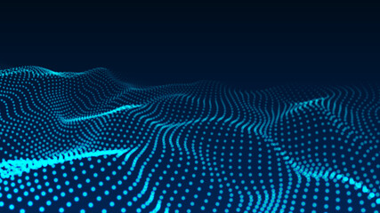 Abstract blue wave with moving dots. Flow of particles. Cyber technology illustration. Vector illustration.