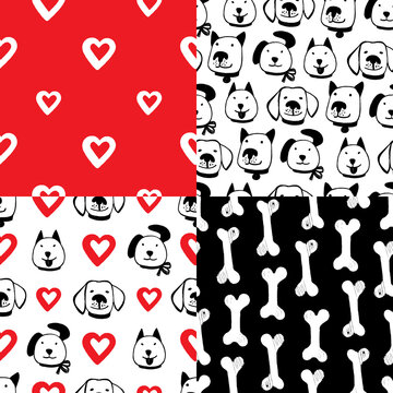 Vector set of 4 seamless patterns with smiling dog faces, bones and hearts