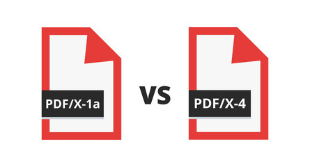 Vector comparison of different PDF file formats for printing – PDF/X-1a vs PDF/X-4 isolated on a white background. ISO standards for graphics exchange – exchange of print or printing data.